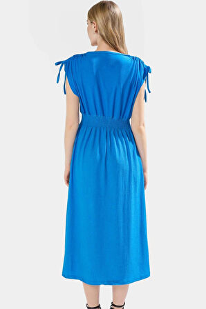 Yazlık Midi Elbise Örme Polyester Kumaş Beli Lastikli A line Premium Kalite Özenle Seçilmiş
