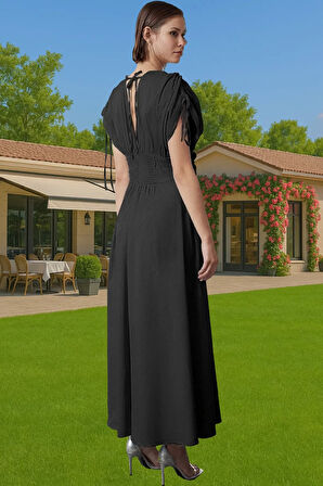 Kadın Poplin Midi Boy Abiye Elbise 3D Çiçek Detaylı V Yaka Konforlu Kesim Premium Kalite