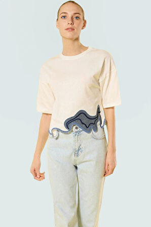 Renk Bloklu Desenli Bisiklet Yaka Kısa Kollu Pamuklu Crop Bluz Mükemmel Uyum Özenle Seçilmiş