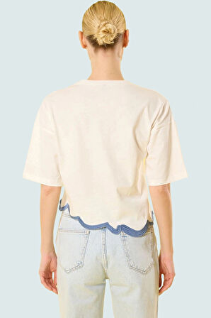 Renk Bloklu Desenli Bisiklet Yaka Kısa Kollu Pamuklu Crop Bluz Mükemmel Uyum Özenle Seçilmiş