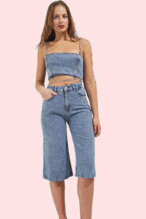 Kadın Denim Bermuda Şort Taş Baskı Boyfriend Kesim Pamuk Yaz Aylarının Vazgeçilmezi Günlük Kullanım