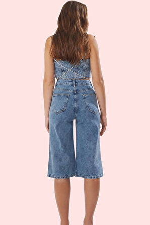 Kadın Denim Bermuda Şort Taş Baskı Boyfriend Kesim Pamuk Yaz Aylarının Vazgeçilmezi Günlük Kullanım