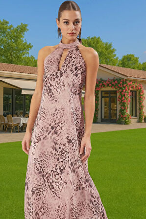 Şifon Midi Abiye Elbise Halter Yaka Desenli Astarlı Yazlık Günlük Kullanım İçin Özenle Seçilmiş