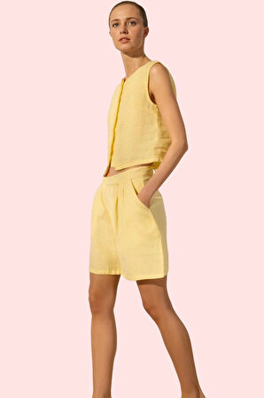 Kadın Keten Yüksek Bel City Short Şort Yaz Aylarının Vazgeçilmezi Günlük Kullanım Hafta Sonu