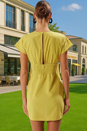 Kadın Mini Boy V Yaka Bağcıklı Flamlı Pamuk Plaj Elbisesi Konforlu Kesim Trend Tasarım Uzun Ömürlü