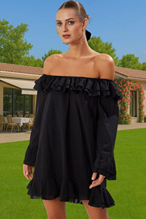 Kadın Mini Boy Carmen Yaka Flamlı Pamuk Plaj Elbisesi Modern Stil Premium Kalite