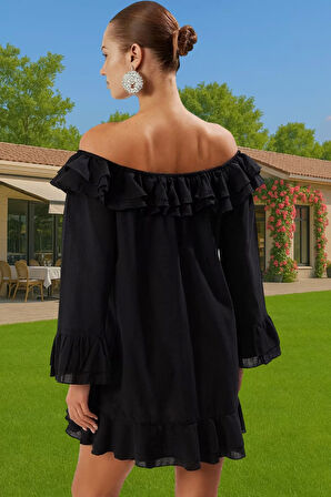 Kadın Mini Boy Carmen Yaka Flamlı Pamuk Plaj Elbisesi Modern Stil Premium Kalite