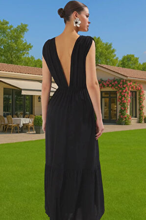 Maxi Viskoz Dokuma Büzgü Detaylı Plaj Elbisesi Yazlık Özenle Seçilmiş Kaliteli İşçilik