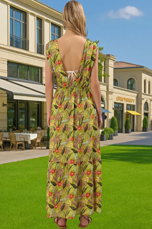 Maxi Viskoz Dokuma Büzgü Detaylı Plaj Elbisesi Yazlık Özenle Seçilmiş Kaliteli İşçilik