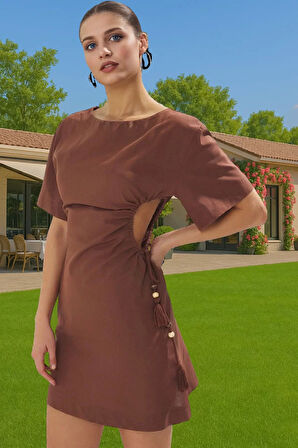 Yazlık Kadın Mini Pamuklu Plaj Elbisesi Cut Out Detaylı Özel Tasarım Uzun Ömürlü Konforlu Kesim