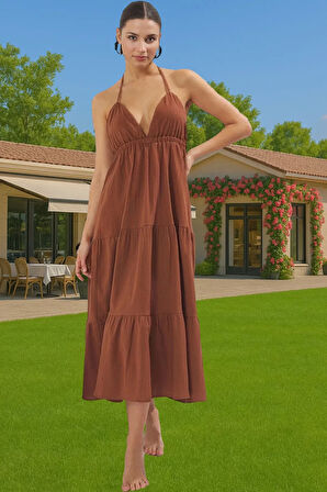 Kadın Maxi Boy A Line Crinkle Dokuma Plaj Elbisesi Yazlık Rahat Zarifane Tasarım Konforlu Kesim