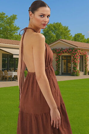 Kadın Maxi Boy A Line Crinkle Dokuma Plaj Elbisesi Yazlık Rahat Zarifane Tasarım Konforlu Kesim