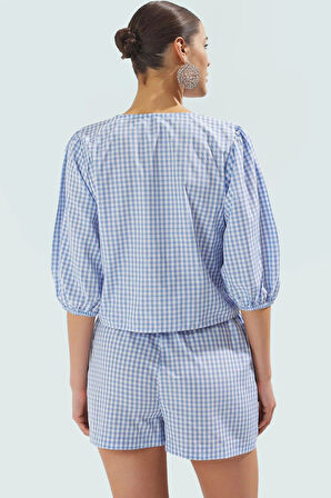 Kadın Pamuklu Ekose Bluz Şort Yazlık Plaj Takımı Rahat Kesim Zarifane Tasarım Seçkin Malzeme