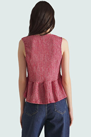 Ekose Jakarlı Bağcıklı Kolsuz Bluz Yazlık Günlük Rahat Kullanım Trend Tasarım