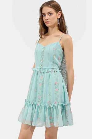 Yazlık Çiçekli Mini Şifon Elbise Astarlı Kalp Yaka Dokuma Dayanıklı Malzeme Modern Stil