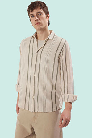 Erkek Regular Fit Çizgili Keten Dokulu Gömlek Pamuk Günlük Kullanım Yaz Aylarının Vazgeçilmezi