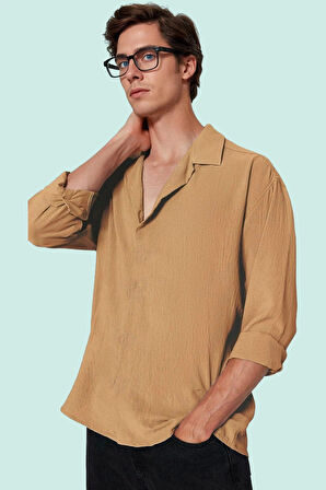Erkek Oversize Apaş Yaka Uzun Kollu Gömlek Basic Siluet Günlük Kullanım Yaz Aylarının Vazgeçilmezi