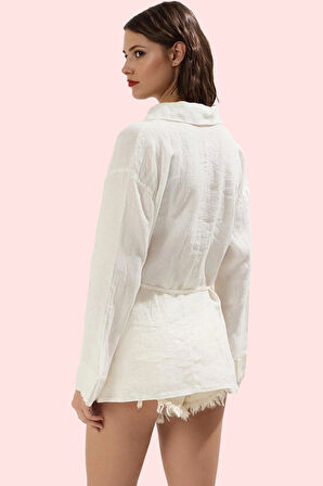 Kadın Uzun Kollu Keten Gömlek Flam Dokuma Plaj Gömleği Yazlık Günlük Kullanım Modern Tasarım