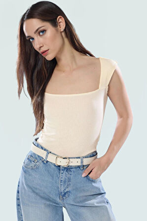 Kare Yaka Fitted Poliviskon Kaşkorse Bluz Günlük Kullanım Özenle Seçilmiş Rahat