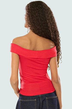 Viskoz Ribana Carmen Yaka Crop Bluz Yazlık Fitted Kalıp Modern Stil Kaliteli İşçilik