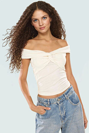 Viskoz Ribana Carmen Yaka Crop Bluz Yazlık Fitted Kalıp Modern Stil Kaliteli İşçilik