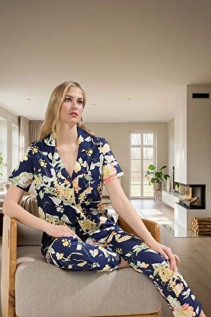 Kadın Çiçekli Desenli Pamuklu Kısa Kollu Pijama Takımı Profesyonel Görünüm Özenle Seçilmiş