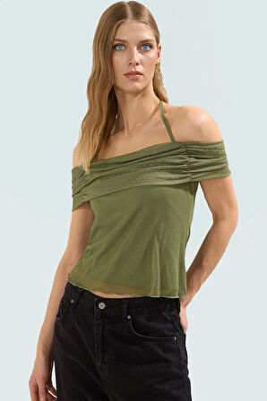 Şık Örme Bluz Carmen Yaka Kısa Kollu Yazlık Rahat Dayanıklı Malzeme Özel Tasarım Ve