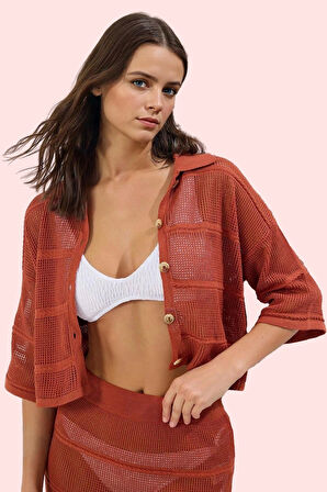 Kadın Kiremit Kroşe Plaj Gömlek Desenli Triko Kumaş Yazlık Günlük Kullanım Kaliteli Malzeme