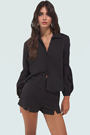 Kadın Pamuk Dokuma Vual Plaj Gömlek Şort Takım Kısa Kollu Yazlık Özenle Seçilmiş