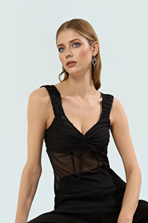 Şık V Yaka Fitted Tül Örme Bluz Modern Stil Seçkin Malzeme Mükemmel Uyum