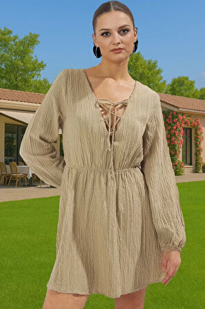 Plaj Elbisesi Keten Karışımlı Uzun Kollu V Yaka Mini Yazlık Profesyonel Görünüm Konforlu Kesim