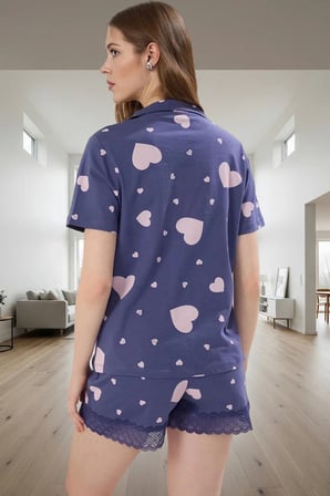 Kadın Kalpli Desenli Pamuklu Kısa Kollu Pijama Takımı Rahat Kullanım Premium Kalite