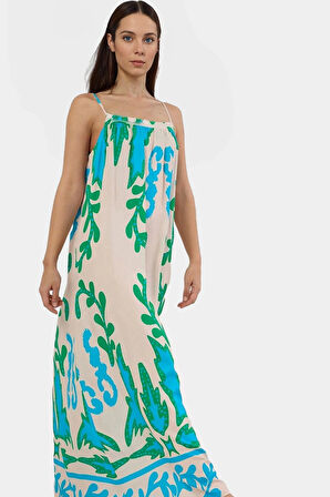 Tropikal Desenli Maxi Viskoz Elbise Rahat Günlük Yazlık Stil Trend Tasarım Özenle Seçilmiş