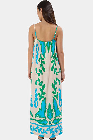 Tropikal Desenli Maxi Viskoz Elbise Rahat Günlük Yazlık Stil Trend Tasarım Özenle Seçilmiş