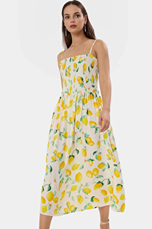 Yazlık Tropikal Desenli Viskoz Midi Elbise Kare Yaka Gipeli Özenle Seçilmiş Profesyonel Görünüm