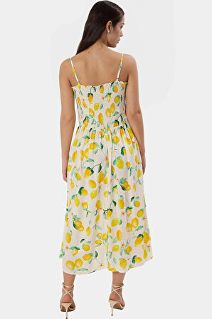 Yazlık Tropikal Desenli Viskoz Midi Elbise Kare Yaka Gipeli Özenle Seçilmiş Profesyonel Görünüm