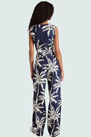 Tropikal Desenli Viskoz Yelek ve Geniş Paça Pantolon Takım Rahat Günlük Stil Özenle Seçilmiş