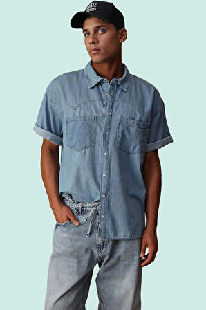 Erkek Denim Kot Gömlek Kısa Kol Düz Desen Regular Kalıp Pamuklu Günlük Stil Modern Tasarım