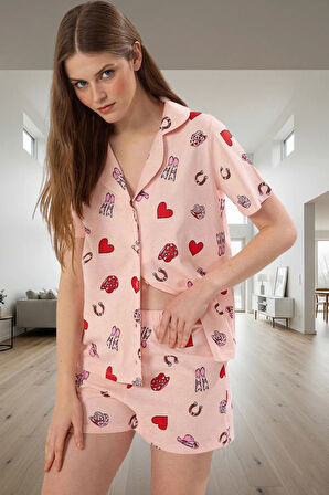 Kadın Pamuklu Kısa Kollu Kalpli Desenli Pijama Takımı Rahat Ev Giyim Seti Trend Tasarım Zarif