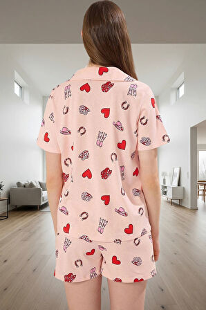 Kadın Pamuklu Kısa Kollu Kalpli Desenli Pijama Takımı Rahat Ev Giyim Seti Trend Tasarım Zarif