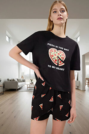 Kadın Yazlık Pamuklu Pizza Desenli Pijama Takımı Premium Kalite Konforlu Kesim Şık Görünüm