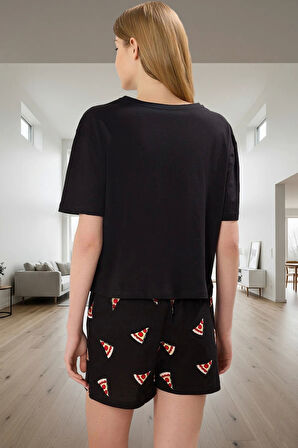 Kadın Yazlık Pamuklu Pizza Desenli Pijama Takımı Premium Kalite Konforlu Kesim Şık Görünüm