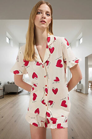 Kadın Kalpli Volanlı Pamuklu Pijama Takımı Rahat Yazlık Ev Giyim Trend Tasarım Profesyonel Görünüm