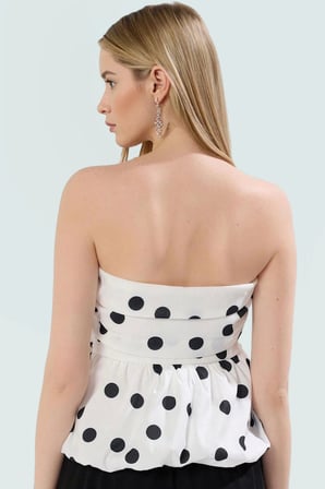 Puantiyeli Straplez Fitted Bluz Terrycotton Kumaş Yazlık Modern Stil Zarifane Tasarım