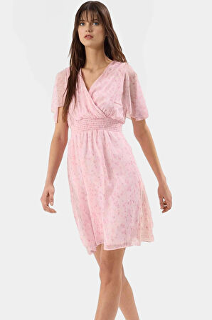 Çiçek Desenli Mini Elbise Astarlı V Yaka Melek Kol Yazlık Modern Stil Dayanıklı Malzeme