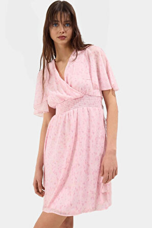 Çiçek Desenli Mini Elbise Astarlı V Yaka Melek Kol Yazlık Modern Stil Dayanıklı Malzeme