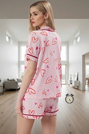 Kadın Pamuklu Kalpli Desenli Kısa Kollu Pijama Takımı Profesyonel Görünüm Mükemmel Uyum Modern Stil