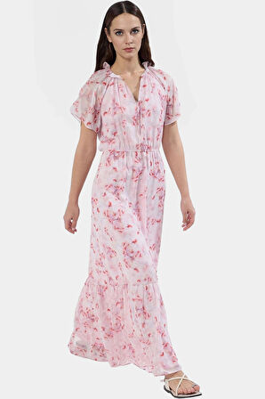 Yazlık Çiçekli Maxi Elbise Belden Açılan Etekli Şifon Dokuma Astarlı Rahat Kullanım Modern Stil