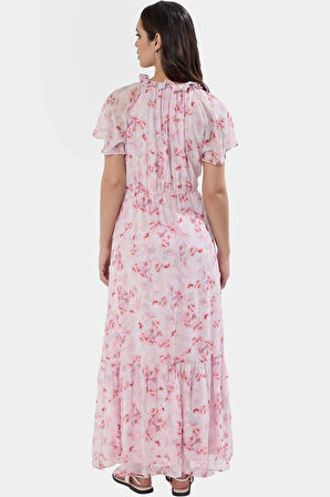 Yazlık Çiçekli Maxi Elbise Belden Açılan Etekli Şifon Dokuma Astarlı Rahat Kullanım Modern Stil
