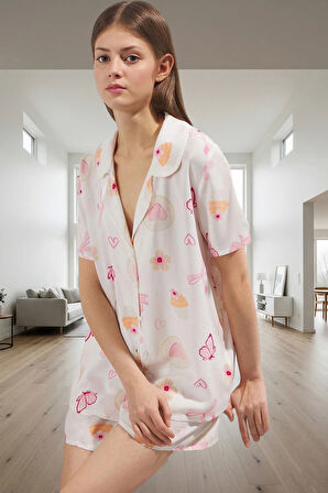 Kadın Viskoz Pijama Takımı Şortlu Baskılı Rahat Ev Giyim Seti Özenle Seçilmiş Ve Şık